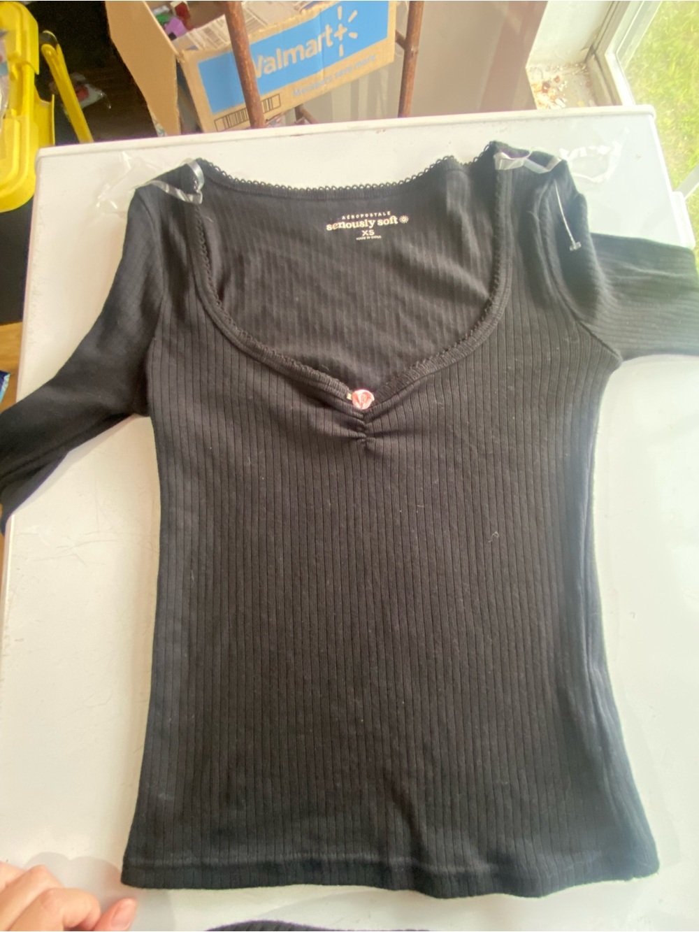 Aeropostale Black Ribbed Long Sleeve Scoop Neck Top with Flower Accent